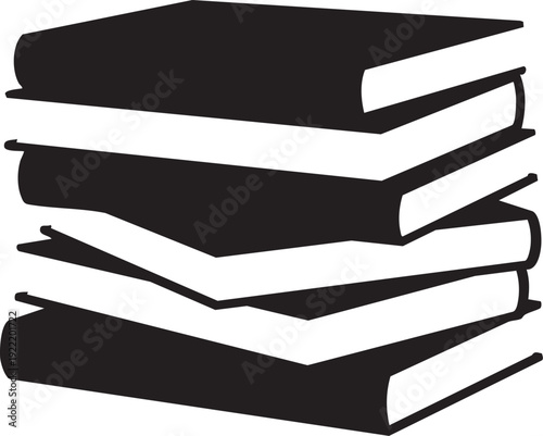 A stack of black books with white pages on a plain background