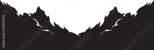 A dramatic silhouette of a mountain range against a white background
