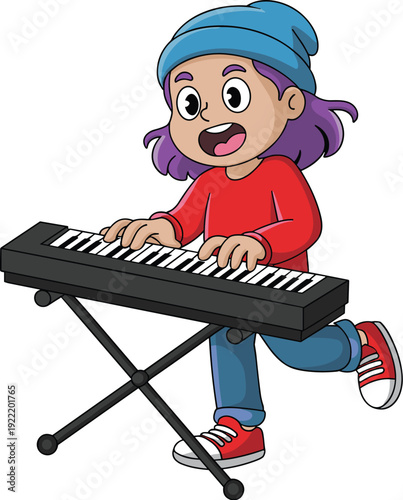 Happy Girl with Purple Hair Playing Electronic Keyboard on a White Background, Concept of Music Education, Creative Student Performance, Joyful Learning, and Youthful Musician Vector Illustration
