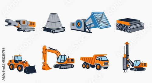 Collection of Heavy Machinery and Equipment Icons for Construction and Industrial Use