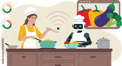 Human Chef and Robot Assistant Cooking Together in a Smart with Wi-Fi and Recipe Screen, AI Kitchen Assistance, Smart Home Technology, Future Culinary Trends, and Automated Cooking Vector Illustration