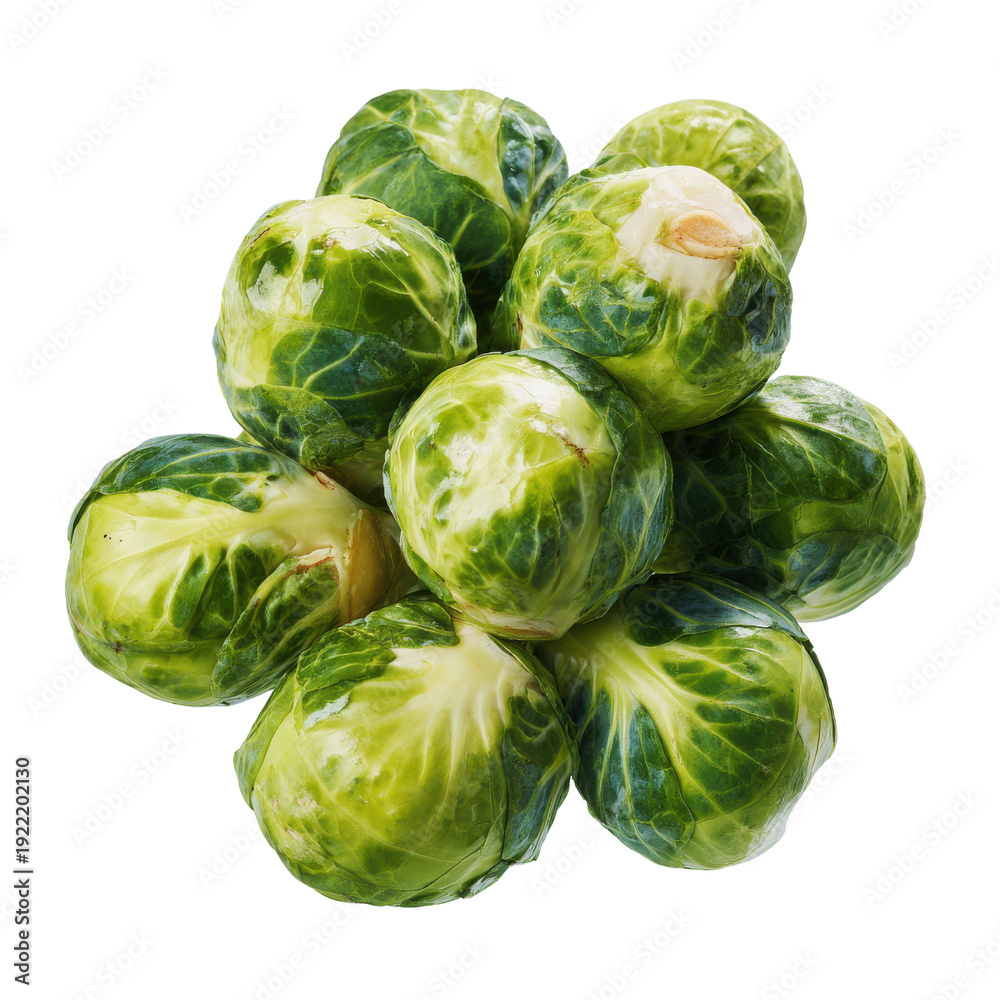 Fototapeta premium Pile of fresh green Brussels sprouts with visible leaves and stems vegetable food 1, Png On White Background, Isolated on Transparent Background, Cut Out