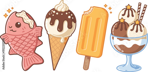 Collection of Various Frozen Desserts Including Fish Ice Cream Sandwich, Cone, White Background, of Culinary Whimsy, Confectionery Variety, and Summer Treats Vector Illustration