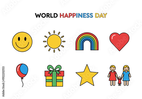 Celebration of World Happiness Day with joyful emojis and smiling children in a vibrant scene