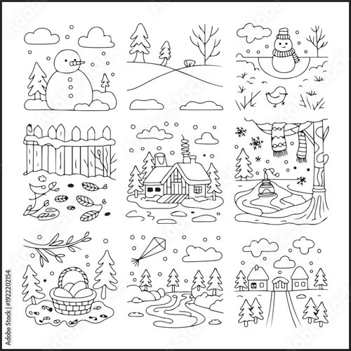 Cute Winter Doodle Vector Icons, Baby-Friendly Coloring Pages, Nature & Seasonal Line Art Set, Fun Illustrations for Kids’ Coloring Books