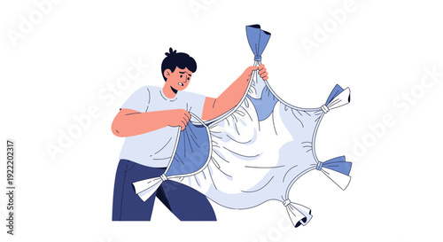 Man Folding Duvet Cover with Ties, Bedding Care, Housework Concept