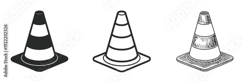 Traffic cone icon set, featuring solid, outline, and hand-drawn styles, symbolizing road safety, construction zones, and caution signage in vector format.