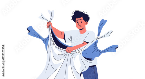 Man holding tangled laundry, frustrated expression, domestic chores concept