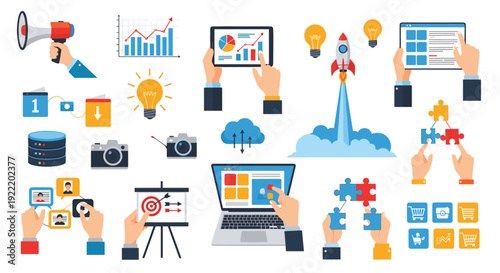 A colorful vector graphic illustration of various business and technology icons