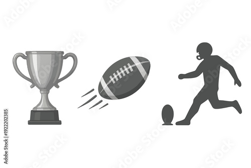 American Football Vector Set: Silver Trophy Cup, Flying Ball, Kicking Silhouette Icons on White and Transparent Backgrounds.