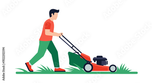 Man mowing lawn with push mower, gardening and yard work concept