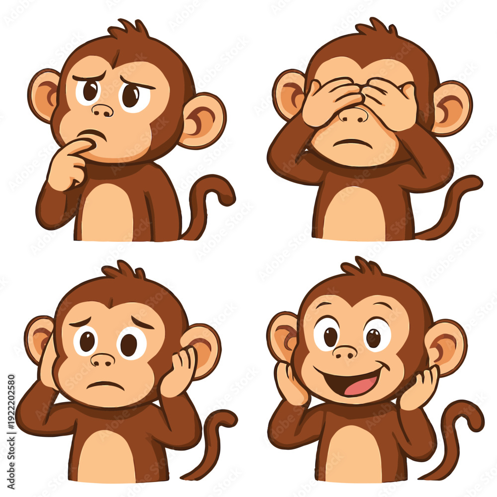 Naklejka premium Funny Brown Cartoon Monkey Mascot Set: Cute Character Showing Thinking, Covering Eyes and Ears Emotions, Isolated on White.