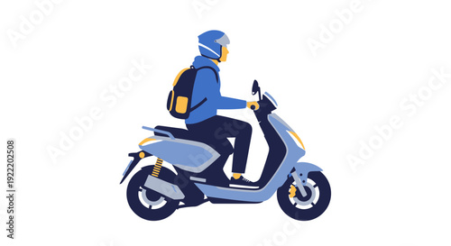 Man riding a blue electric scooter with a backpack, modern urban transport concept