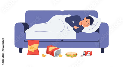 Man sleeping on couch surrounded by junk food and soda