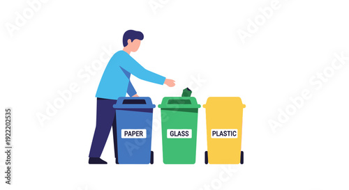 Man Sorting Waste into Recycling Bins: Paper, Glass, Plastic