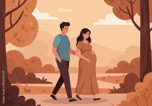 Expectant Couple Strolling in Autumn Landscape Illustration.