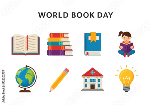 Celebrating World Book Day with essential reading and learning icons for educational and literary themes