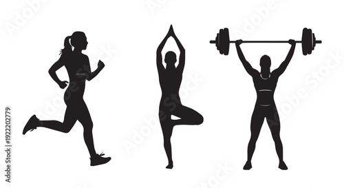 Fitness Silhouette Icon Set: Cardio, Yoga & Strength