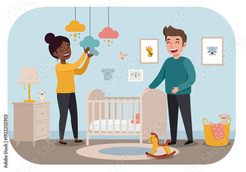 Parents Preparing Nursery with Crib and Mobile for Baby.