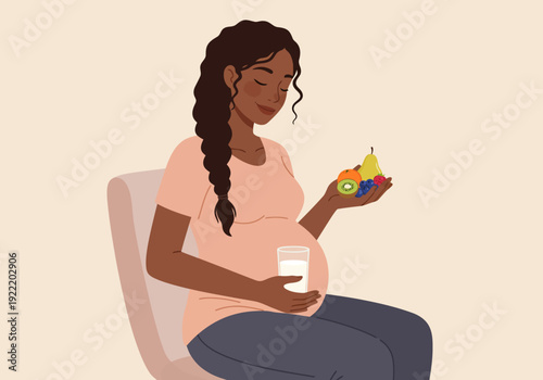 Pregnant Woman with Fruits and Milk Healthy Lifestyle.