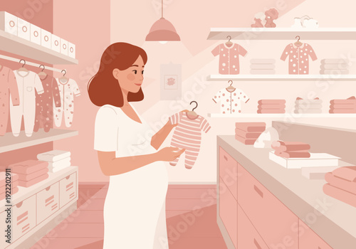 Pregnant Woman Shopping for Baby Clothes in Store.