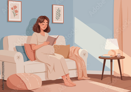 Pregnant Woman Reading Book on Sofa in Living Room.