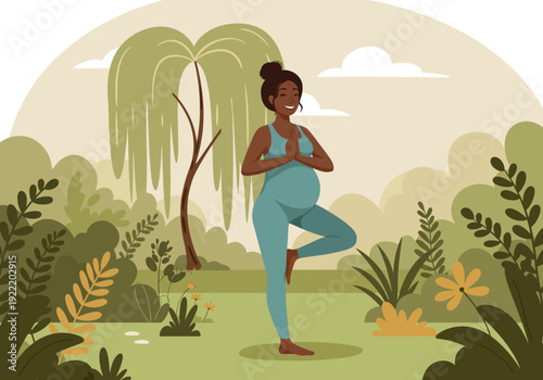 Pregnant Woman Practicing Yoga in Nature Illustration.