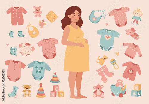 Pregnant Woman Surrounded by Baby Clothes and Toys Illustration.