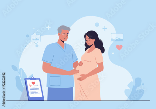 Doctor Examining Pregnant Womans Belly in Clinic.