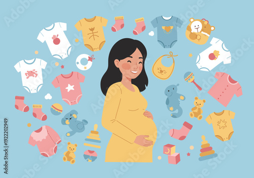 Pregnant Woman Surrounded by Baby Clothes and Toys Illustration.