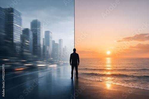 Split scene of modern city and peaceful ocean sunset with a lone figure between them, symbolizing life choices, work balance, urban pressure and coastal tranquility.