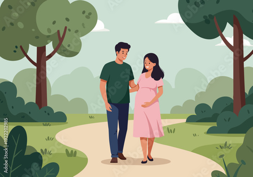 Expectant Couple Walking in a Park Embracing Parenthood.