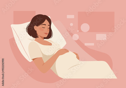 Pregnant Woman Relaxing in Bed with Hands on Belly.