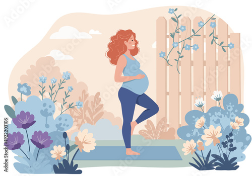 Pregnant Woman Practicing Yoga in Garden Balancing Pose.