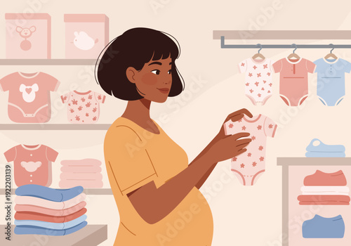 Pregnant Woman Holding Baby Clothes in Nursery Preparing for Newborn Arrival.