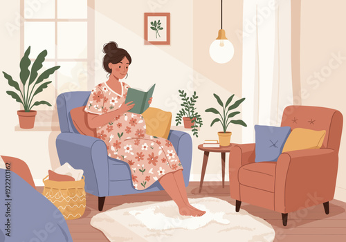 Woman Reading a Book in a Cozy Living Room with Plants and Armchairs.