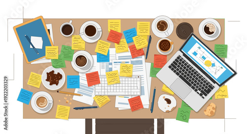 Messy Office Desk with Laptop, Coffee, Sticky Notes and Documents