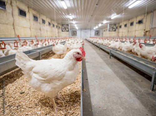 White broiler chickens standing on wood shavings in a large, well-lit industrial poultry farm, with rows of feeders and numerous birds in the background, representing modern commercial chick