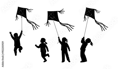 Four Children Flying Traditional Kites Black Silhouette Vector Illustration