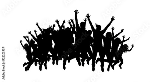 Silhouette of a diverse group of people jumping with joy and excitement in celebration on a white background