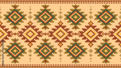 Traditional ethnic tribal pattern featuring geometric diamond shapes and zigzag borders. Perfect for boho decor, folk art textiles, Navajo style designs, and cultural backgrounds.