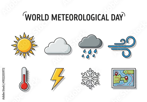 World Meteorological Day A Collection of Weather Icons Representing Climate and Forecasting