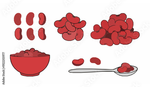 Simple Red Kidney Beans Vector Set with Bowl and Spoon Food Illustration