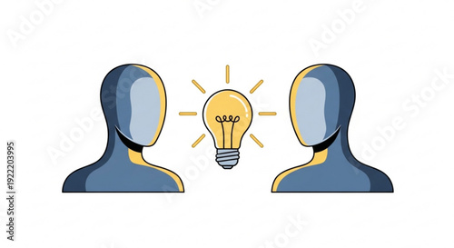 Two people facing a glowing lightbulb symbolizing idea sharing and collaboration between individuals in a simple flat design