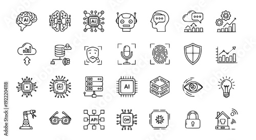Artificial Intelligence Icons Set in Minimal Outline Style for Technology and Innovation Design
