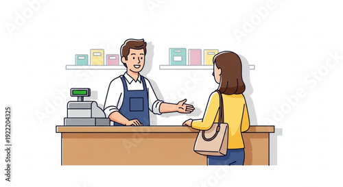 Shopkeeper and customer interacting at checkout counter in retail store with colorful products