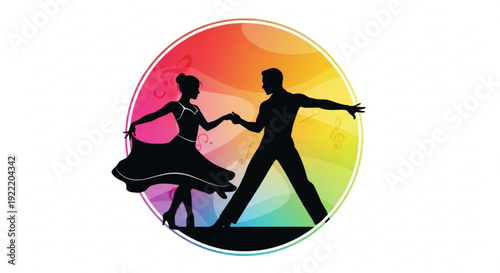 Couple dancing in silhouette against a vibrant rainbow background with colorful gradient