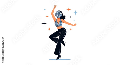 Woman wearing disco ball helmet dancing with colorful stars around her expressing joy and freedom in a vibrant scene