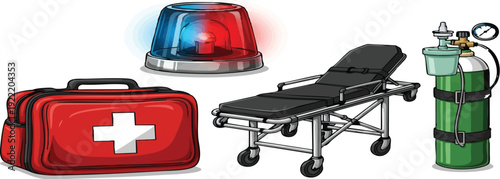 Medical emergency equipment collection including a first aid kit, ambulance siren, stretcher, and oxygen tank for healthcare services