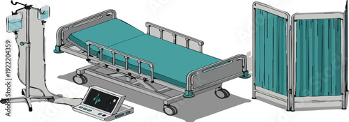 Modern medical room setup with an adjustable hospital bed, patient vital signs monitor, and privacy screen illustration for healthcare and patient comfort